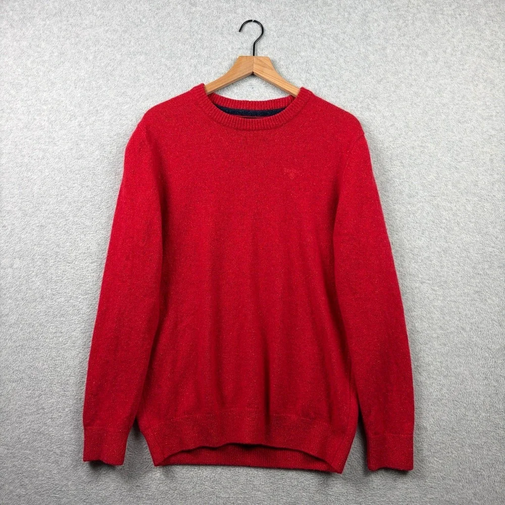 Barbour Sweater Mens Medium Red Wool Silk Blend Crewneck Tisbury Donegal Knit